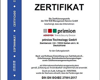 ISO/IEC 27001 certificate for primion