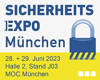 Logo Sicherheitsexpo München 2023 mit primion Standnummer J03, Halle 2