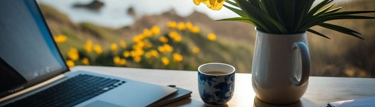 Remote workplace with laptop, coffee cup and vase of flowers on a desk with a beach landscape in the background.