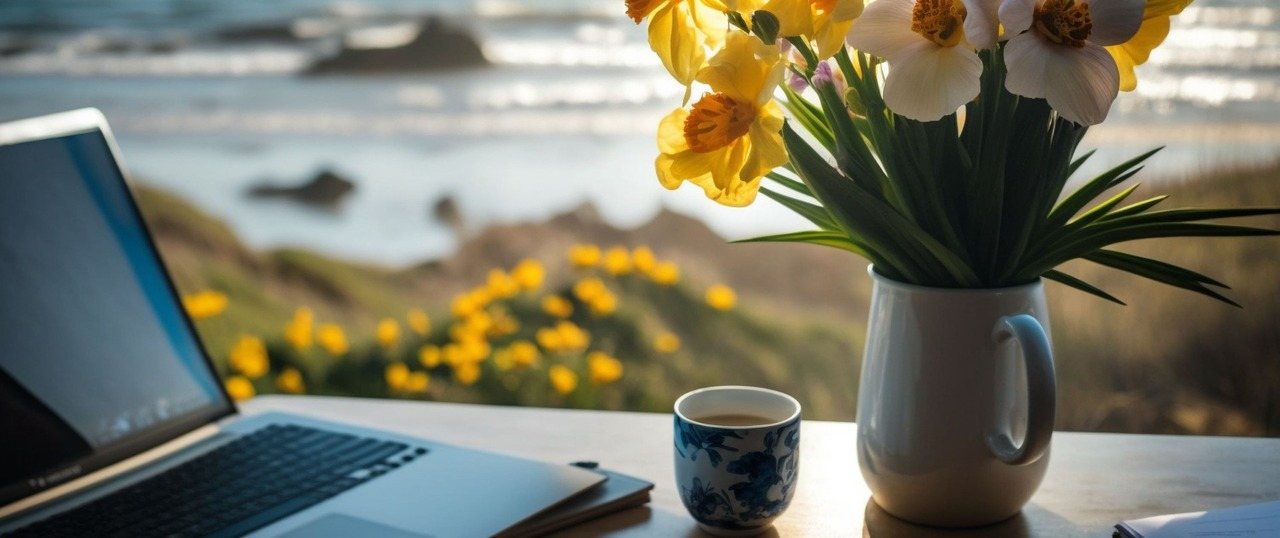 Laptop, coffee cup and vase of flowers on a desk with a beach in the background.