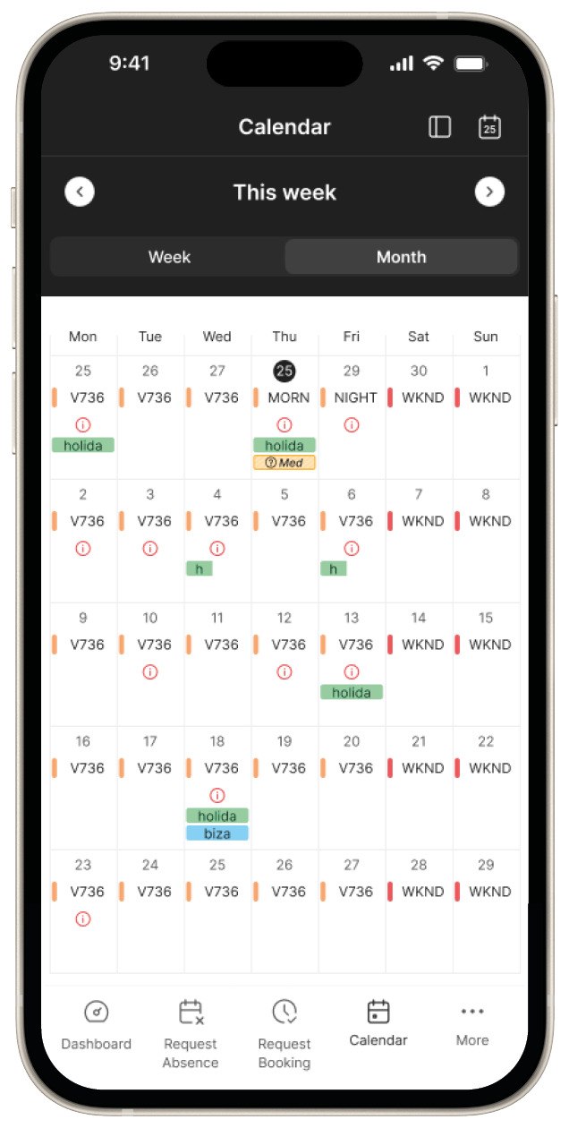 Screenshot von Kalender in der MyPrimion App für die Zeiterfassung